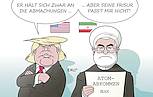 Karikatur | US-Präsident Donald Trump über den iranischen Praäsidenten Hassan Rohani: "Er hält sich zwar an die Abmachungen... aber seine Friseur passt mir nicht." Karikatur | Trump über Rohani: "Er hält sich zwar an die Abmachungen... aber seine Friseur passt mir nicht."