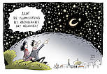 Karikatur über die übertriebene Angst vor einer vermeintlichen Islamisierung. Karikatur - Als der Abend einbricht, erscheint der Halbmond im Himmel. Panische Angst: "Aaah! Die Islamisierung des Abendlandes hat begonnen!"