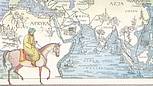 Der Araber Abu Abdallah Muhammad Ibn Battuta auf einem Pferd und hinter ihm eine Karte über seine absolvierten Reisestrecken. Der Entdecker Ibn Battuta auf einem Pferd und hinter ihm eine Karte über seine hinterlegten Reisen.