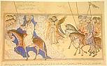 Der Prophet des Islams, Mohammed ibn Abdullah, während einer Schlacht. Mohammed führt seine Truppe mit Flagge und Schrift an.